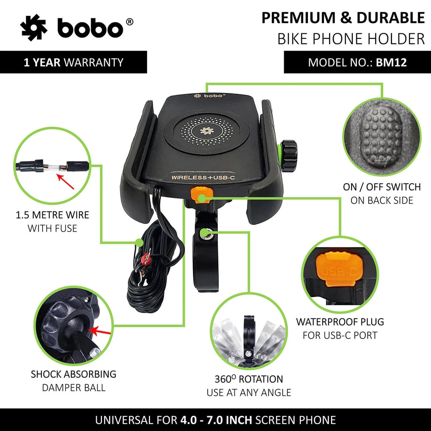 BOBO BM12 Bike Phone Holder with Fast 15W Wireless Charger & USB-C Motorcycle Mobile Mount