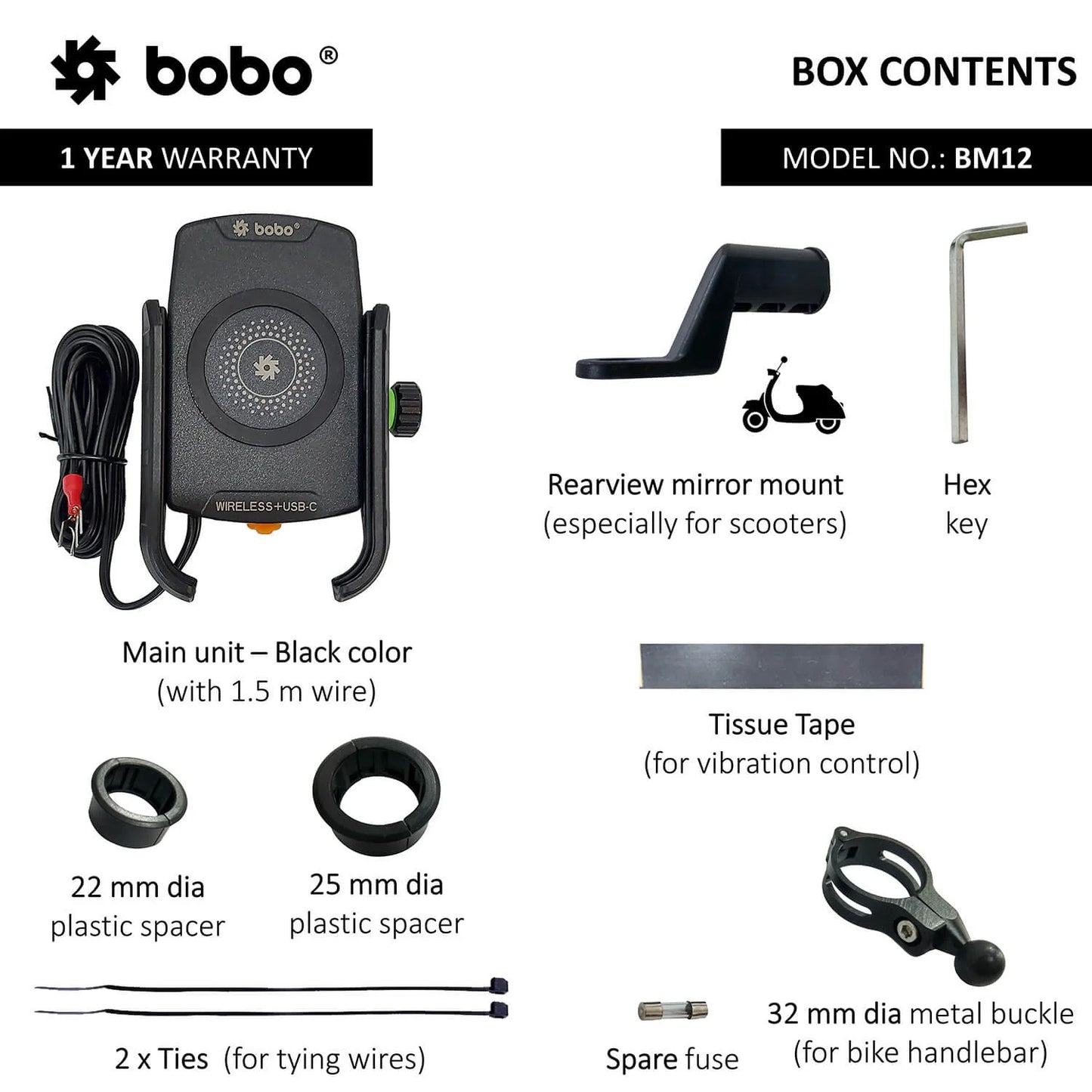 BOBO BM12 Bike Phone Holder with Fast 15W Wireless Charger & USB-C Motorcycle Mobile Mount