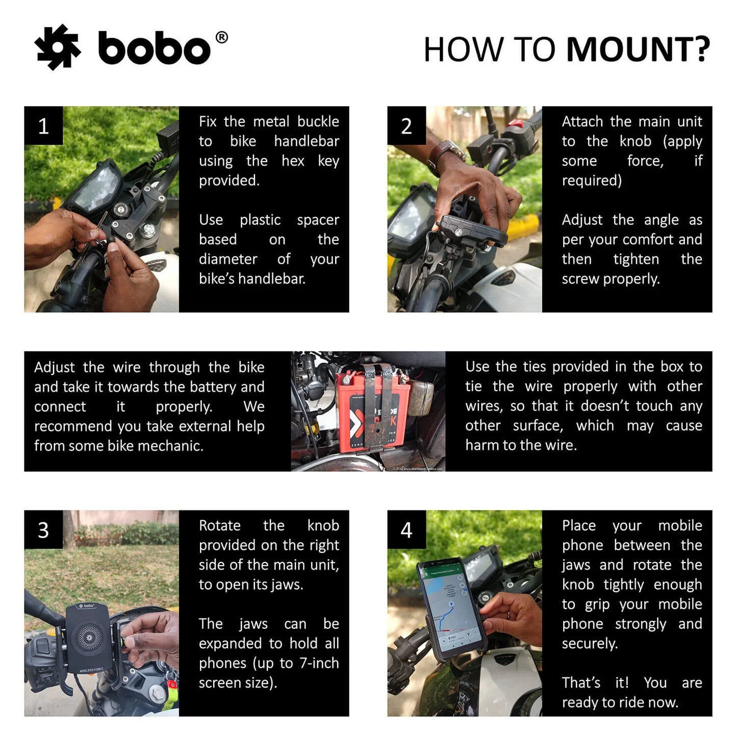 BOBO BM12 Bike Phone Holder with Fast 15W Wireless Charger & USB-C Motorcycle Mobile Mount