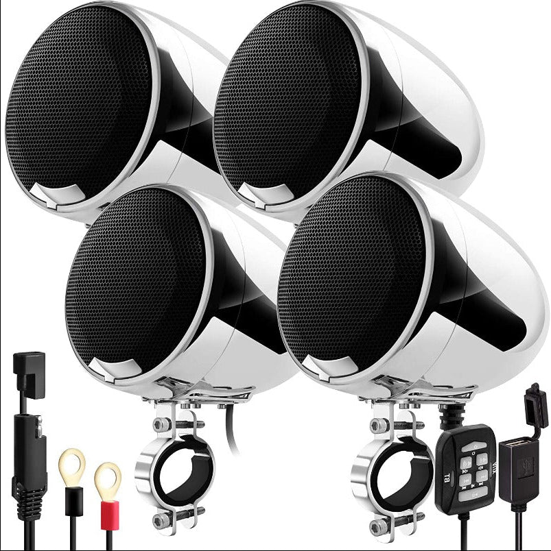 4.5″ ALL-IN-ONE MOTORCYCLE STEREO SPEAKERS WITH 1200W AMPLIFIER, BLUETOOTH, USB/AUX & WIRED REMOTE