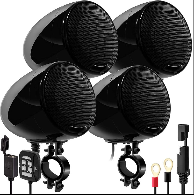 4.5″ ALL-IN-ONE MOTORCYCLE STEREO SPEAKERS WITH 1200W AMPLIFIER, BLUETOOTH, USB/AUX & WIRED REMOTE