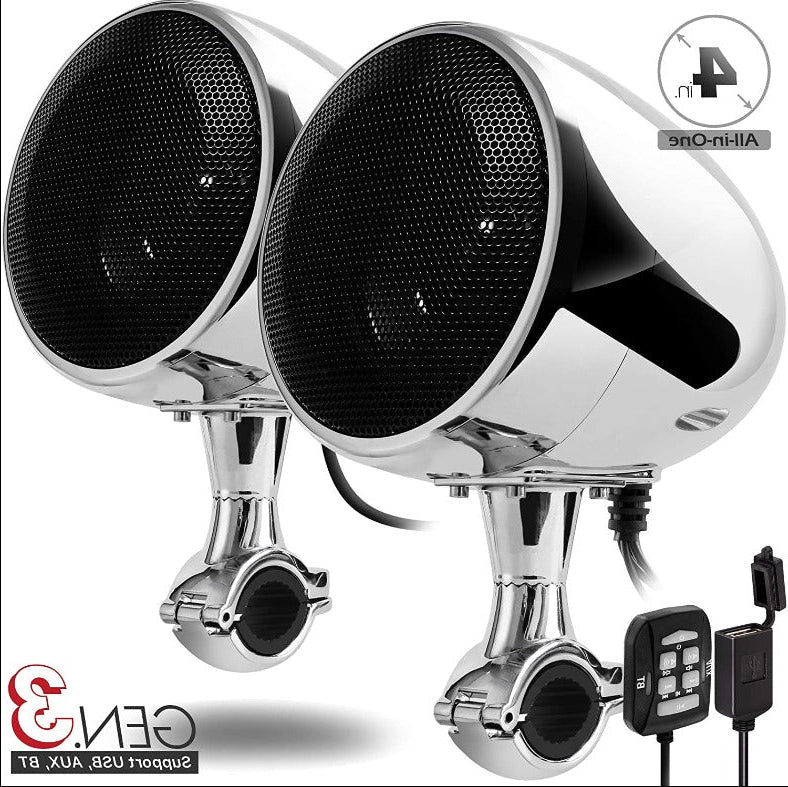 4-INCH BLUETOOTH MOTORCYCLE SPEAKERS WITH 300W AMPLIFIER AND WIRED REMOTE CONTROL