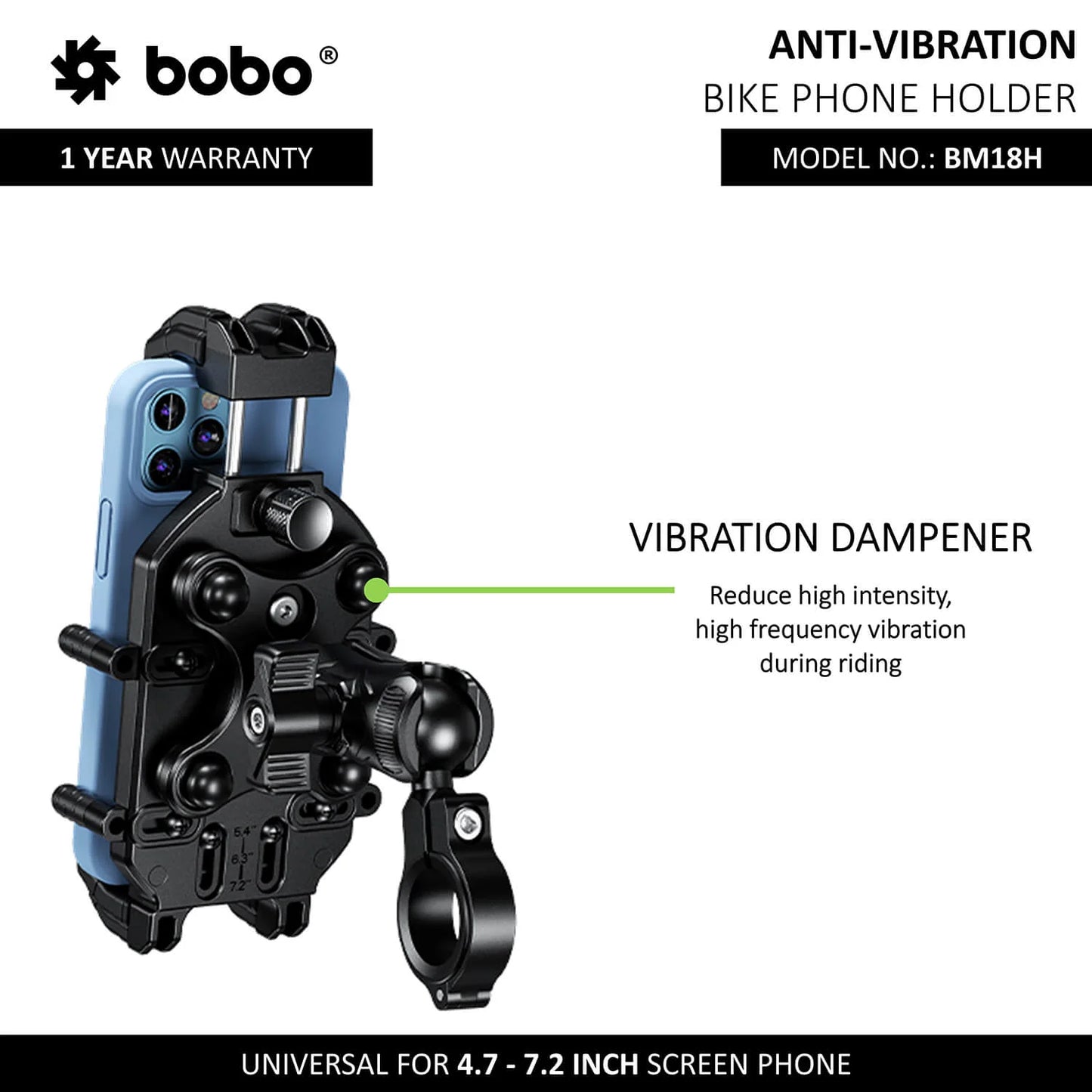 BOBO BM18 Anti-Vibration Bike Phone Holder (with Fast 15W Wireless Charger & USB-C Charging Module) Motorcycle Mobile Mount