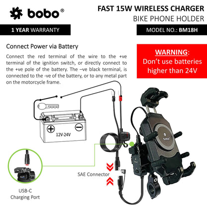 BOBO BM18 Anti-Vibration Bike Phone Holder (with Fast 15W Wireless Charger & USB-C Charging Module) Motorcycle Mobile Mount