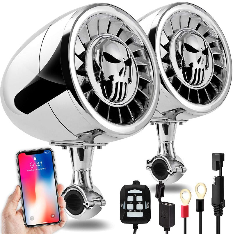 5″ BLUETOOTH MOTORCYCLE SPEAKERS WITH 600W AMPLIFIER, USB/AUX & WIRED REMOTE